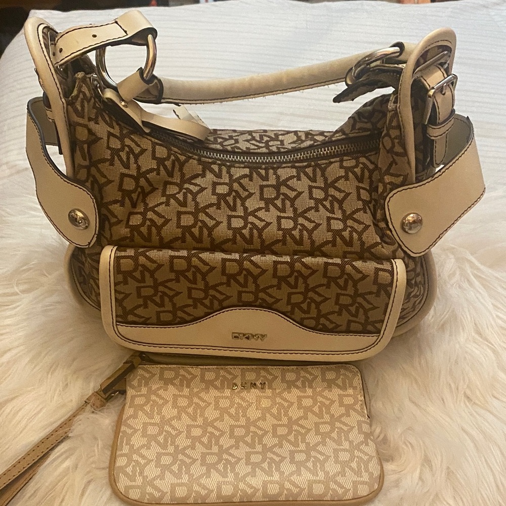 DKNY Bundle Monogrammed Brown and Cream Shoulder Bag and wristlet.